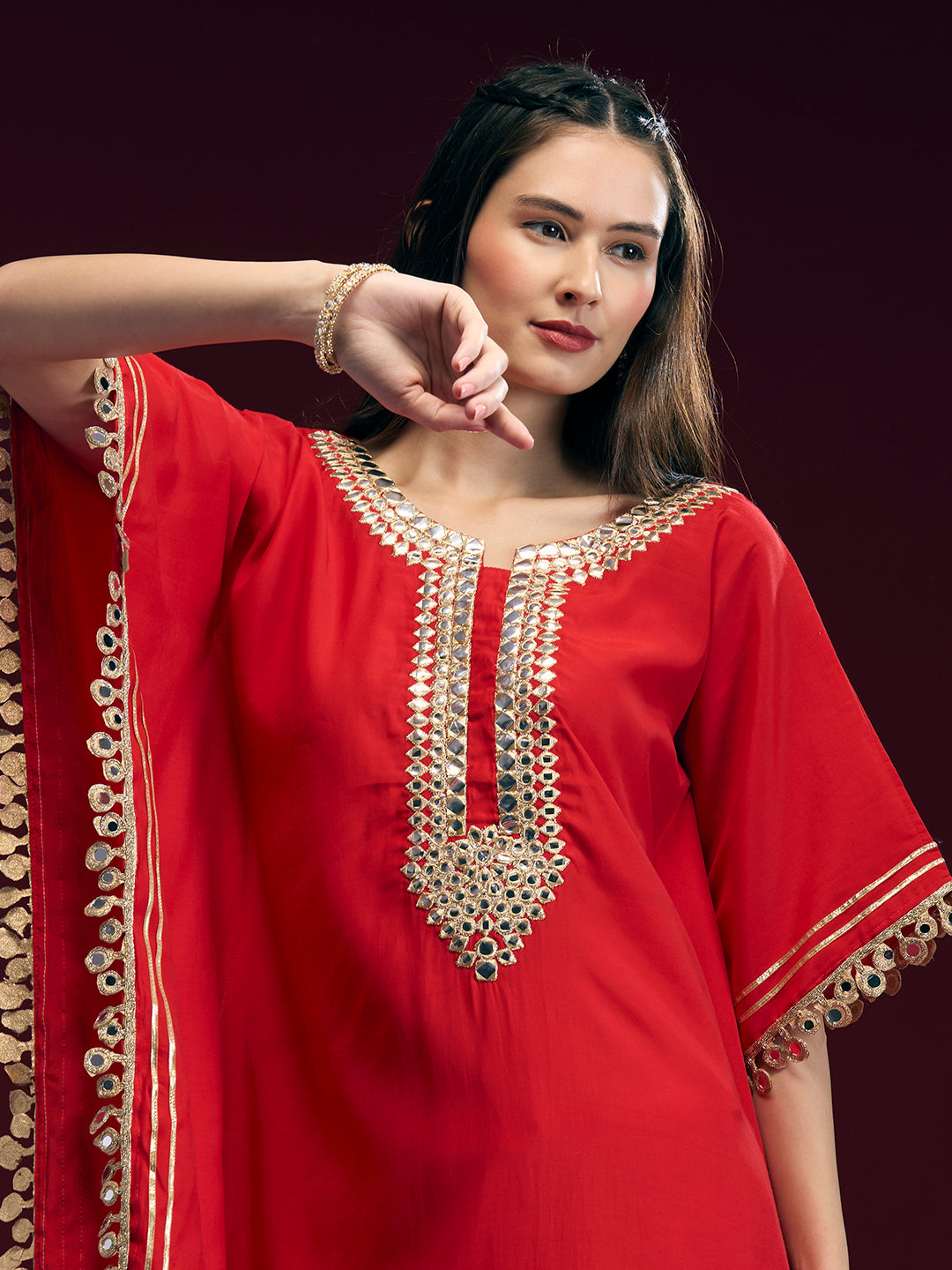 Festive Ethnic Mirror Embroidered Kaftan Kurta with Pant - Red