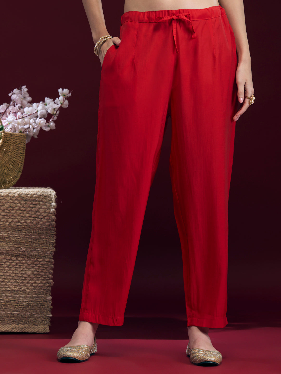 Festive Ethnic Mirror Embroidered Kaftan Kurta with Pant - Red