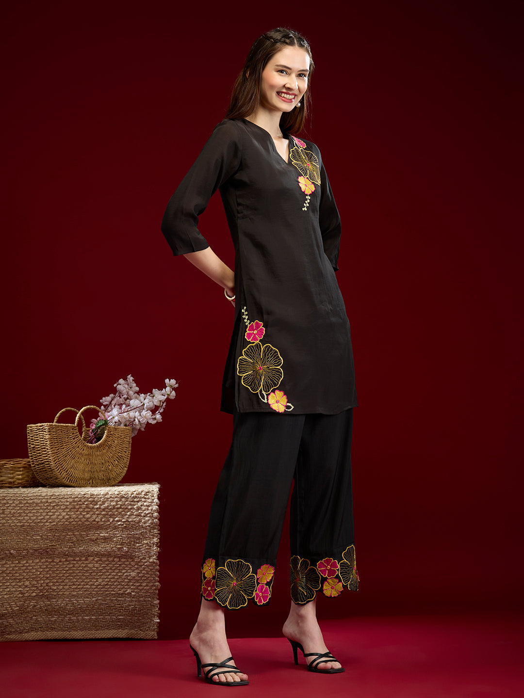 Solid Abstract Floral Embroidered Straight Fit Co-ord Set - Black