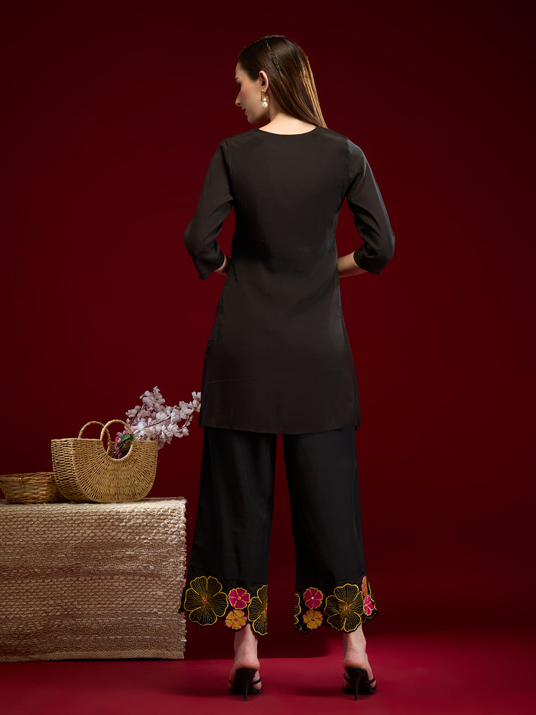 Solid Abstract Floral Embroidered Straight Fit Co-ord Set - Black