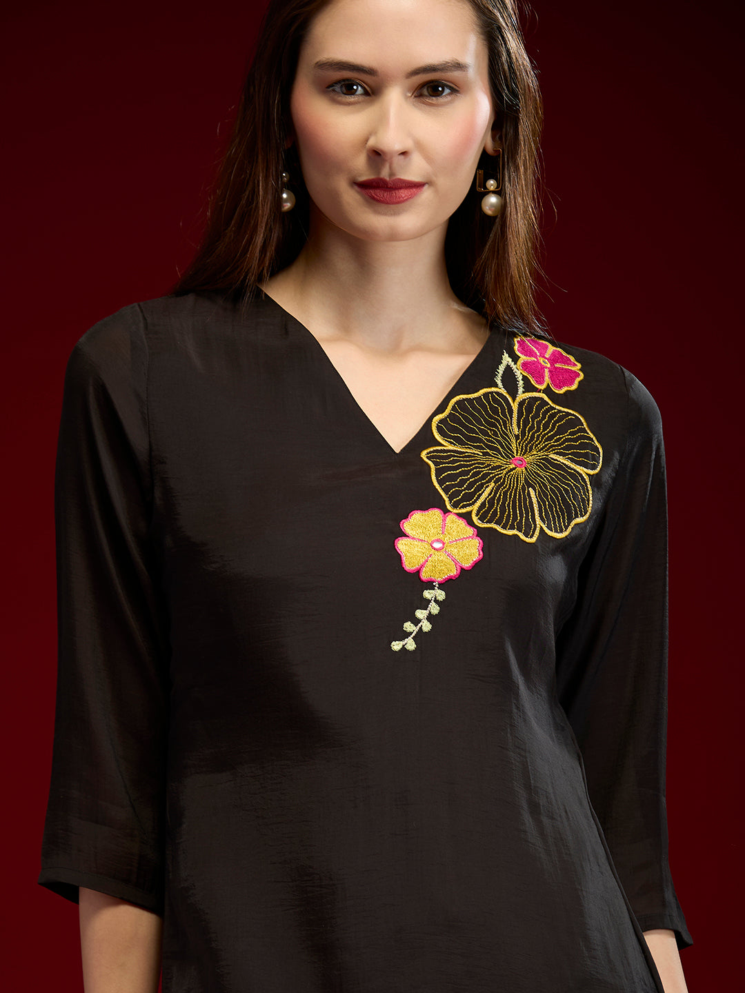 Solid Abstract Floral Embroidered Straight Fit Co-ord Set - Black