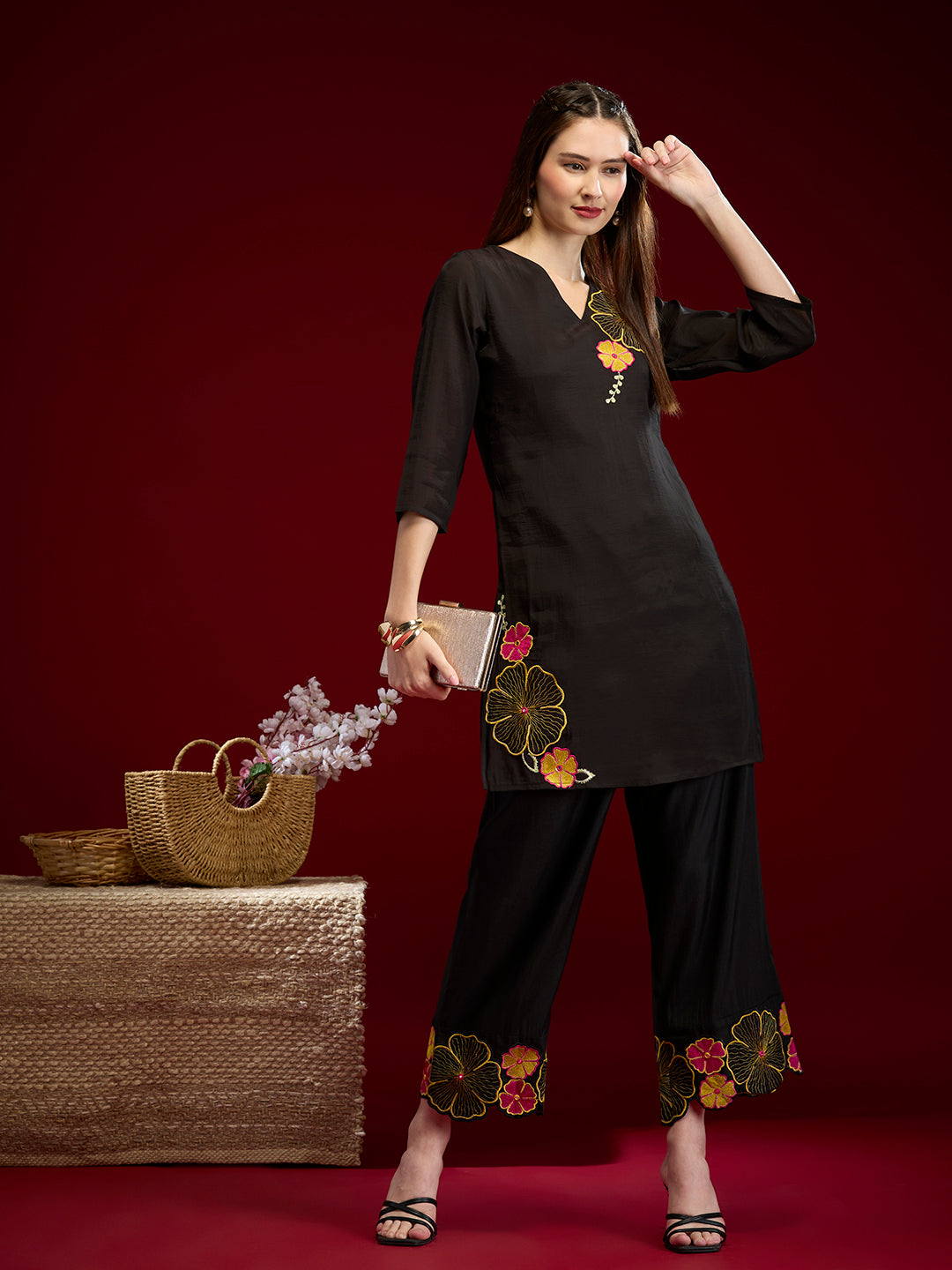 Solid Abstract Floral Embroidered Straight Fit Co-ord Set - Black