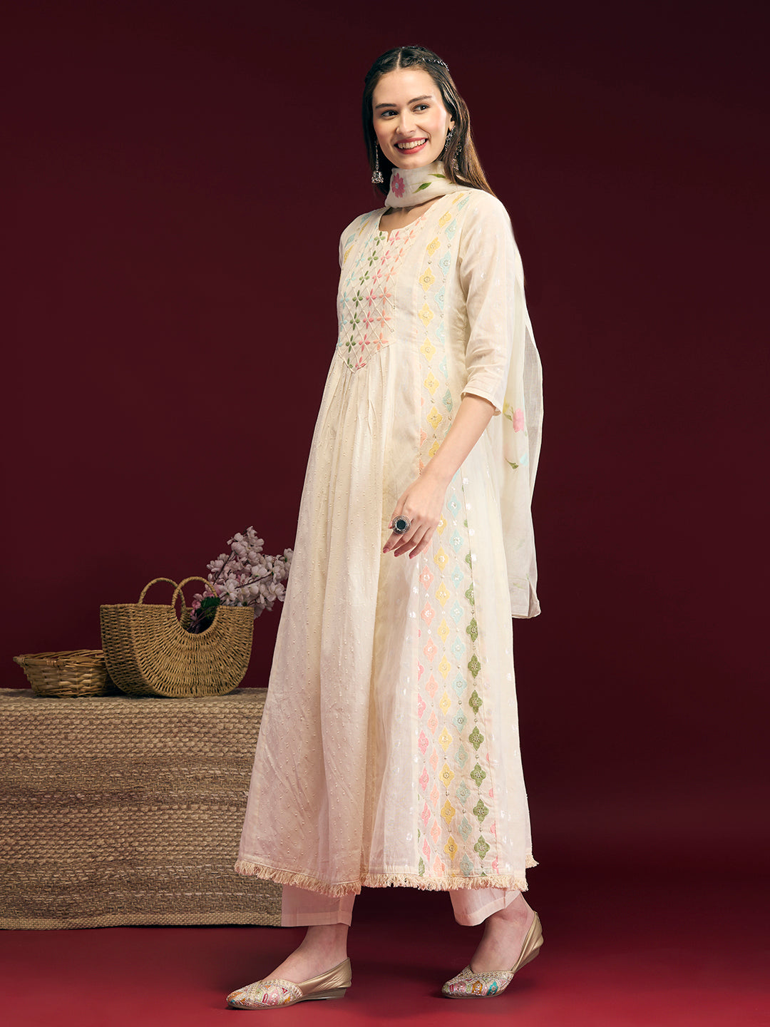 Solid Floral Embroidered Anarkali Kurta with Palazzo & Hand Painted Dupatta - Off White