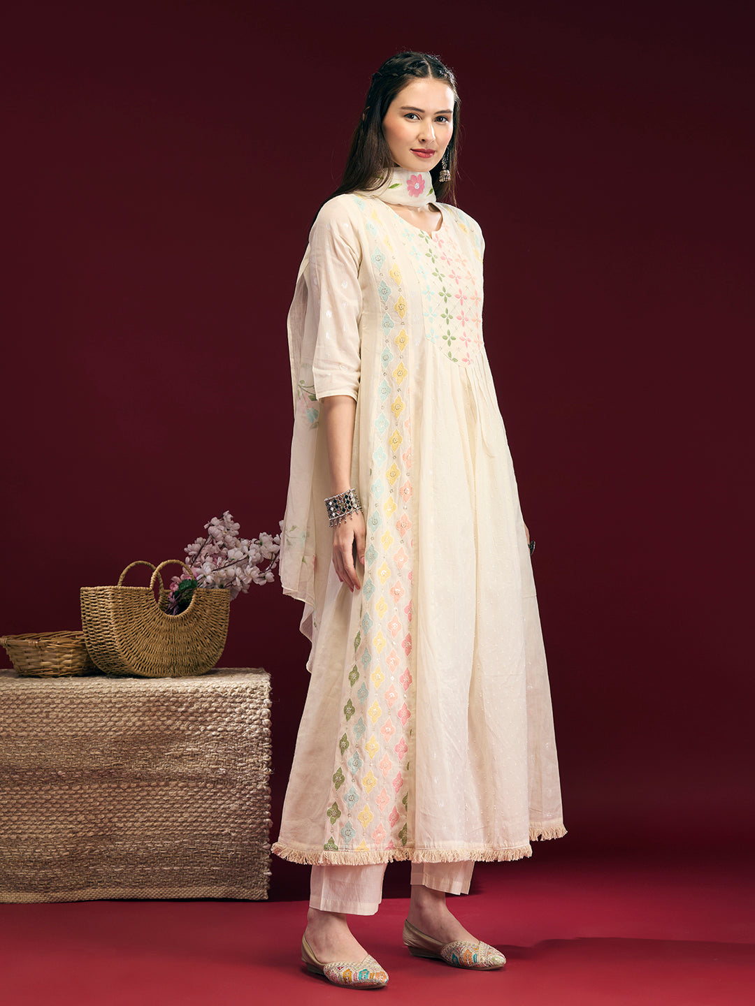 Solid Floral Embroidered Anarkali Kurta with Palazzo & Hand Painted Dupatta - Off White