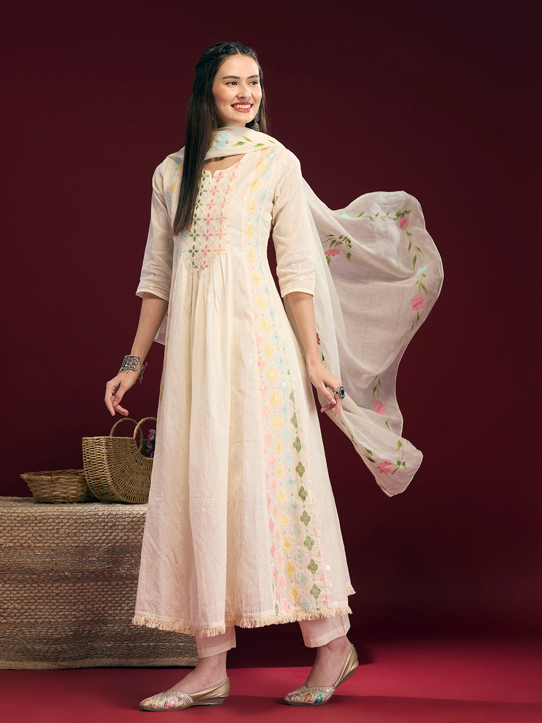 Solid Floral Embroidered Anarkali Kurta with Palazzo & Hand Painted Dupatta - Off White
