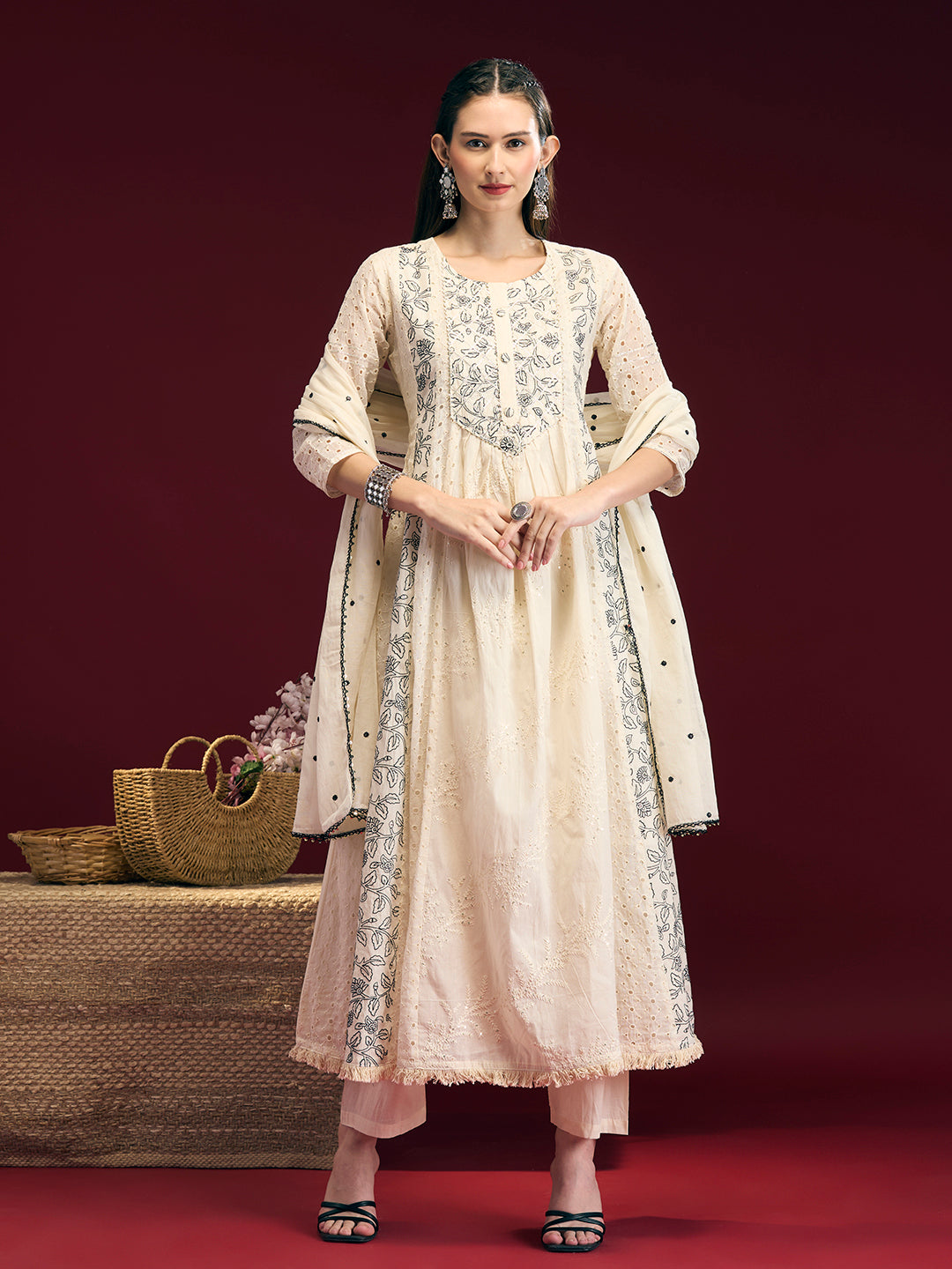 Solid Floral Embroidered Anarkali Kurta with Palazzo & Dupatta - Off White