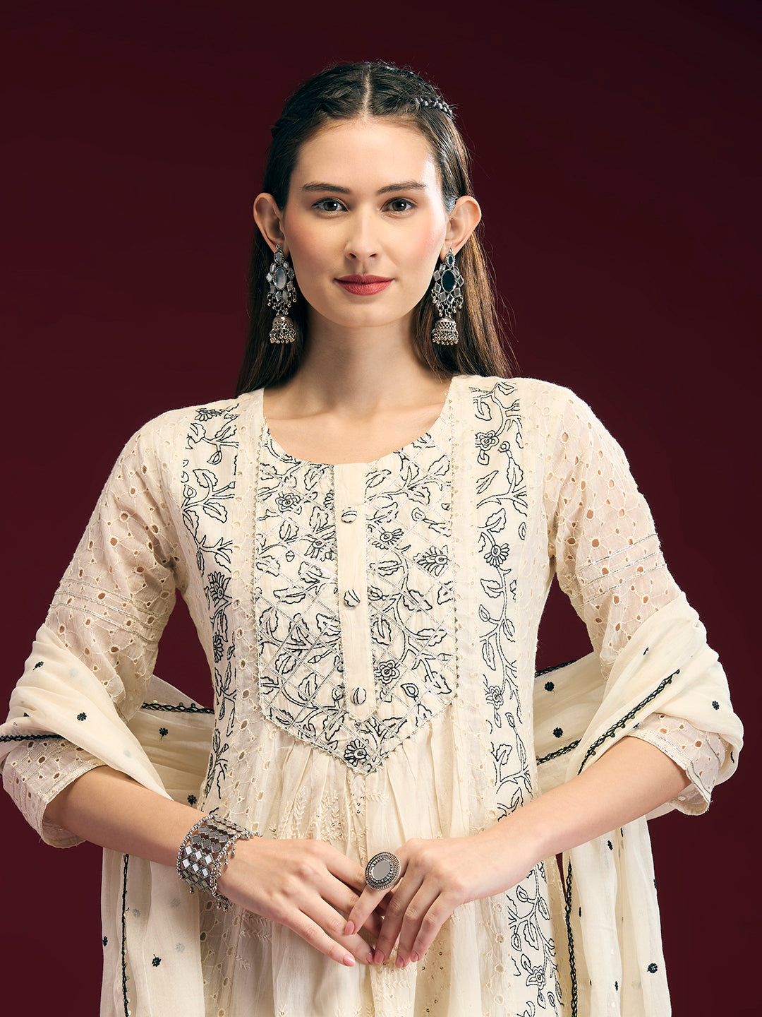 Solid Floral Embroidered Anarkali Kurta with Palazzo & Dupatta - Off White