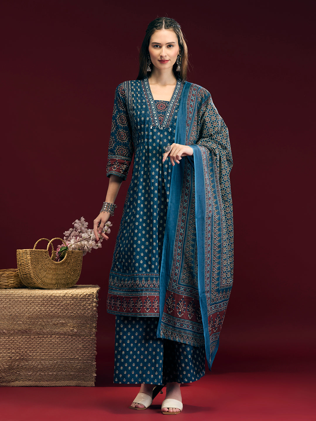 Floral Printed Anarkali Kurta with Pant & Dupatta - Navy Blue