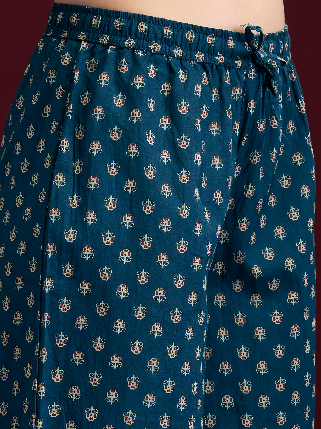 Floral Printed Anarkali Kurta with Pant & Dupatta - Navy Blue