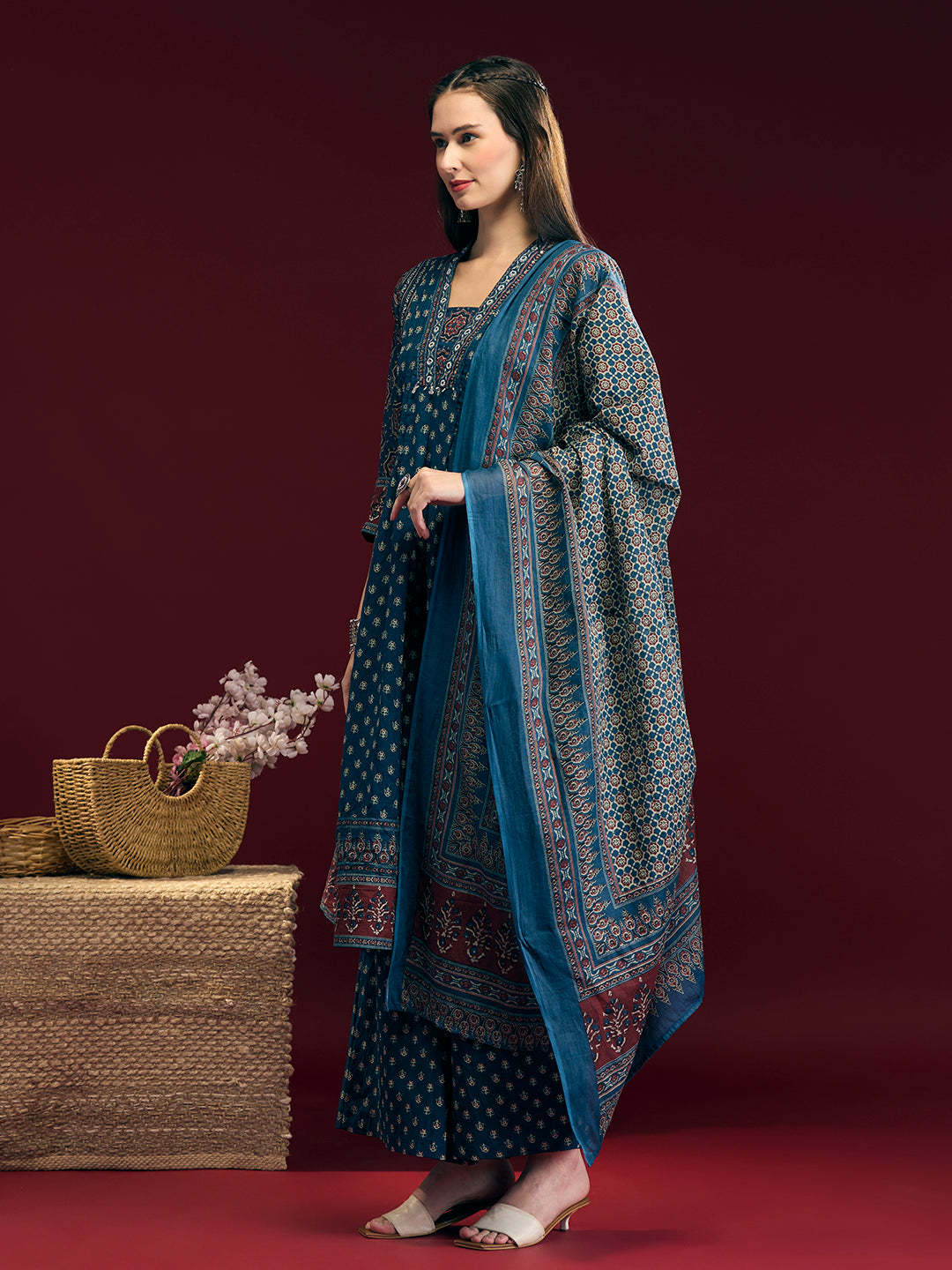 Floral Printed Anarkali Kurta with Pant & Dupatta - Navy Blue