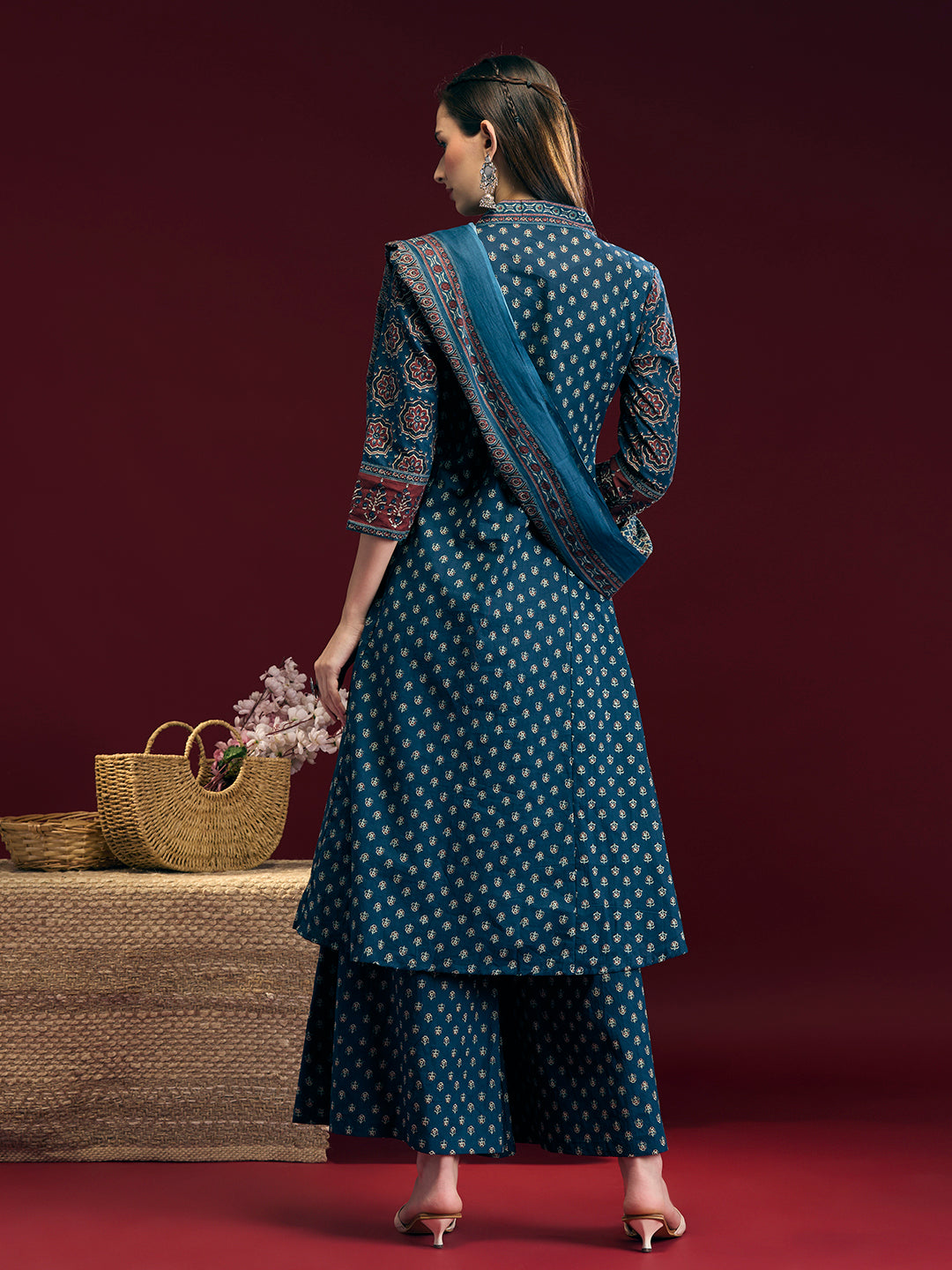 Floral Printed Anarkali Kurta with Pant & Dupatta - Navy Blue