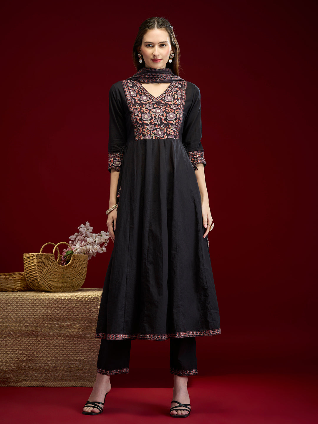 Solid Floral Embroidered Anarkali with Pant & Dupatta - Black