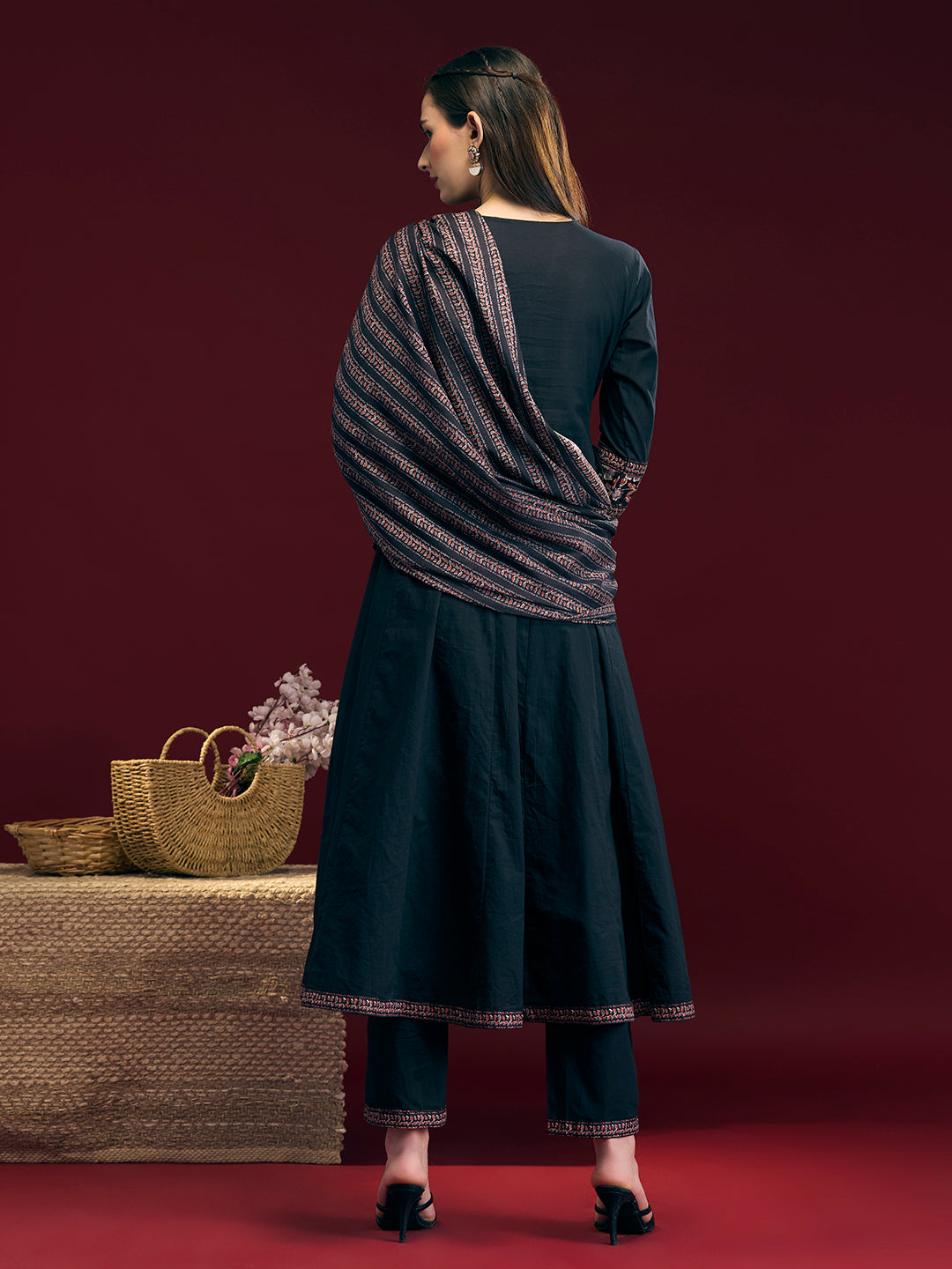 Solid Floral Embroidered Anarkali with Pant & Dupatta - Black