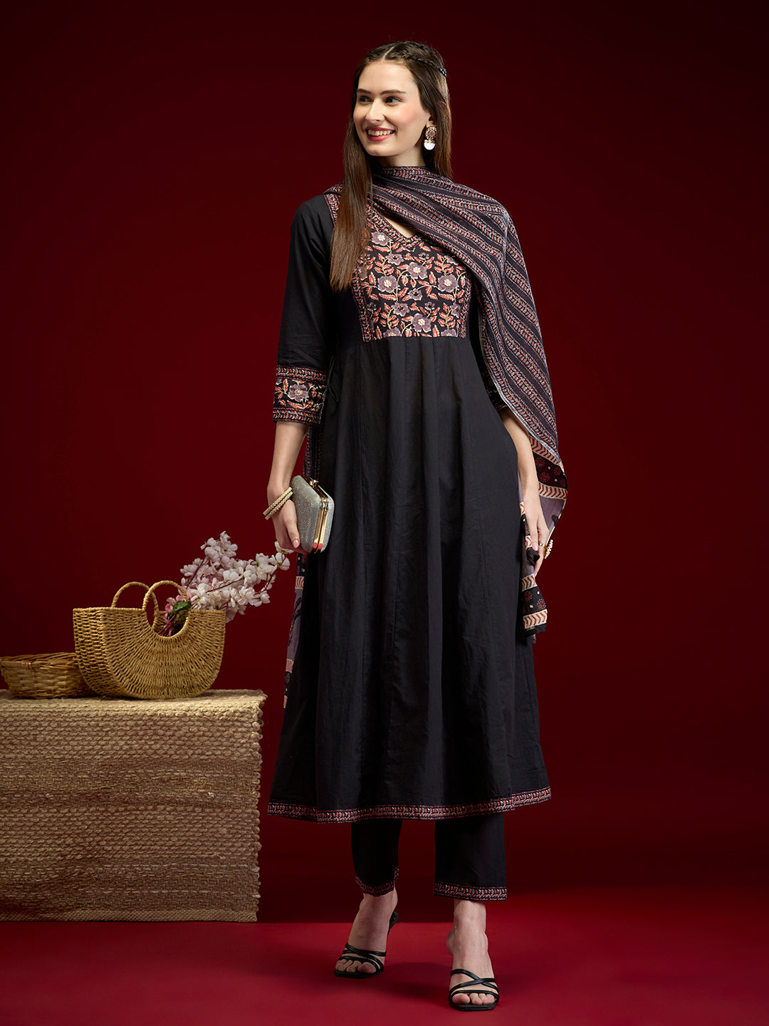 Solid Floral Embroidered Anarkali with Pant & Dupatta - Black