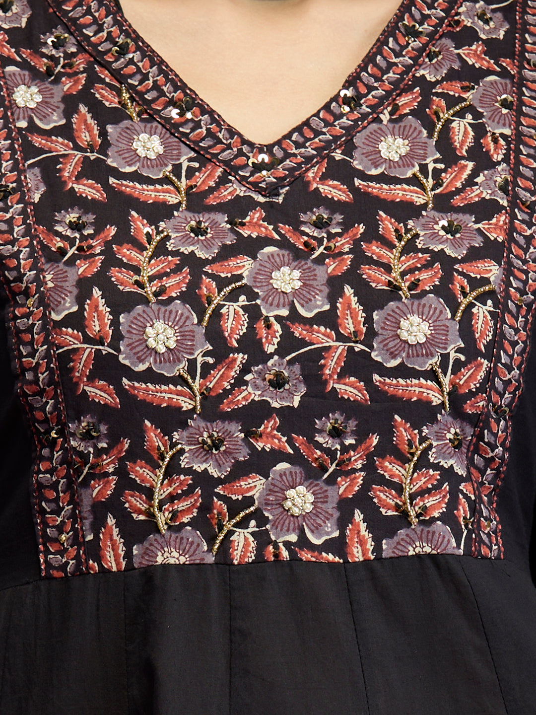 Solid Floral Embroidered Anarkali with Pant & Dupatta - Black