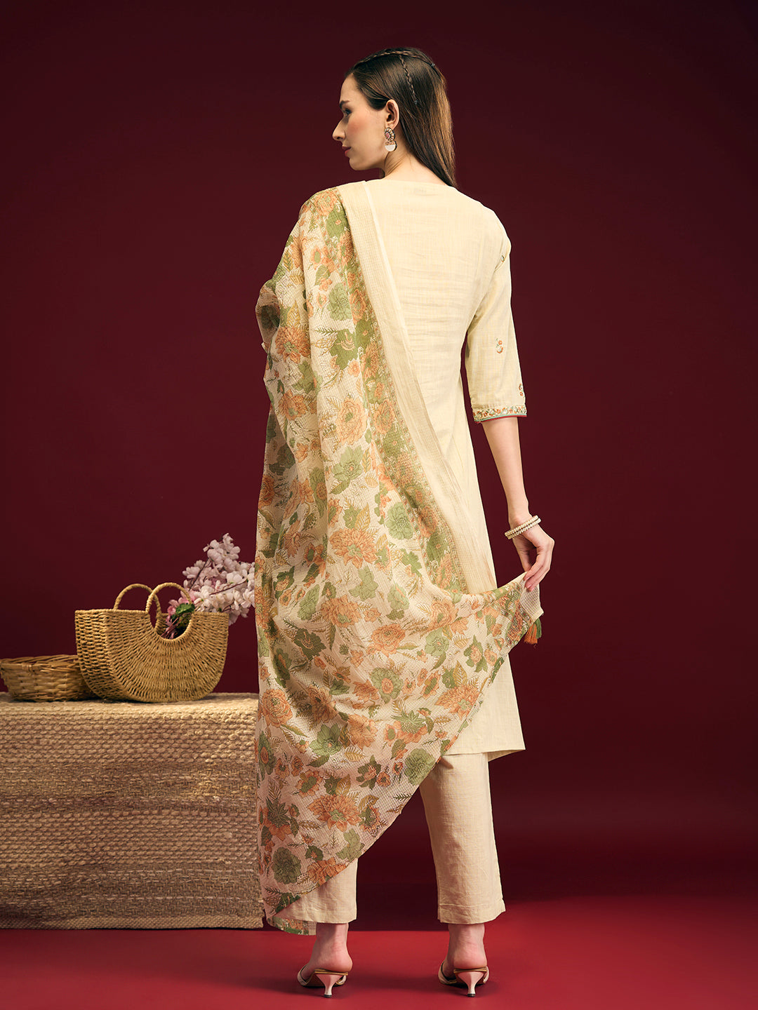 Solid Floral Embroidered A-Line Pleated Kurta with Pant & Printed Dupatta - Cream