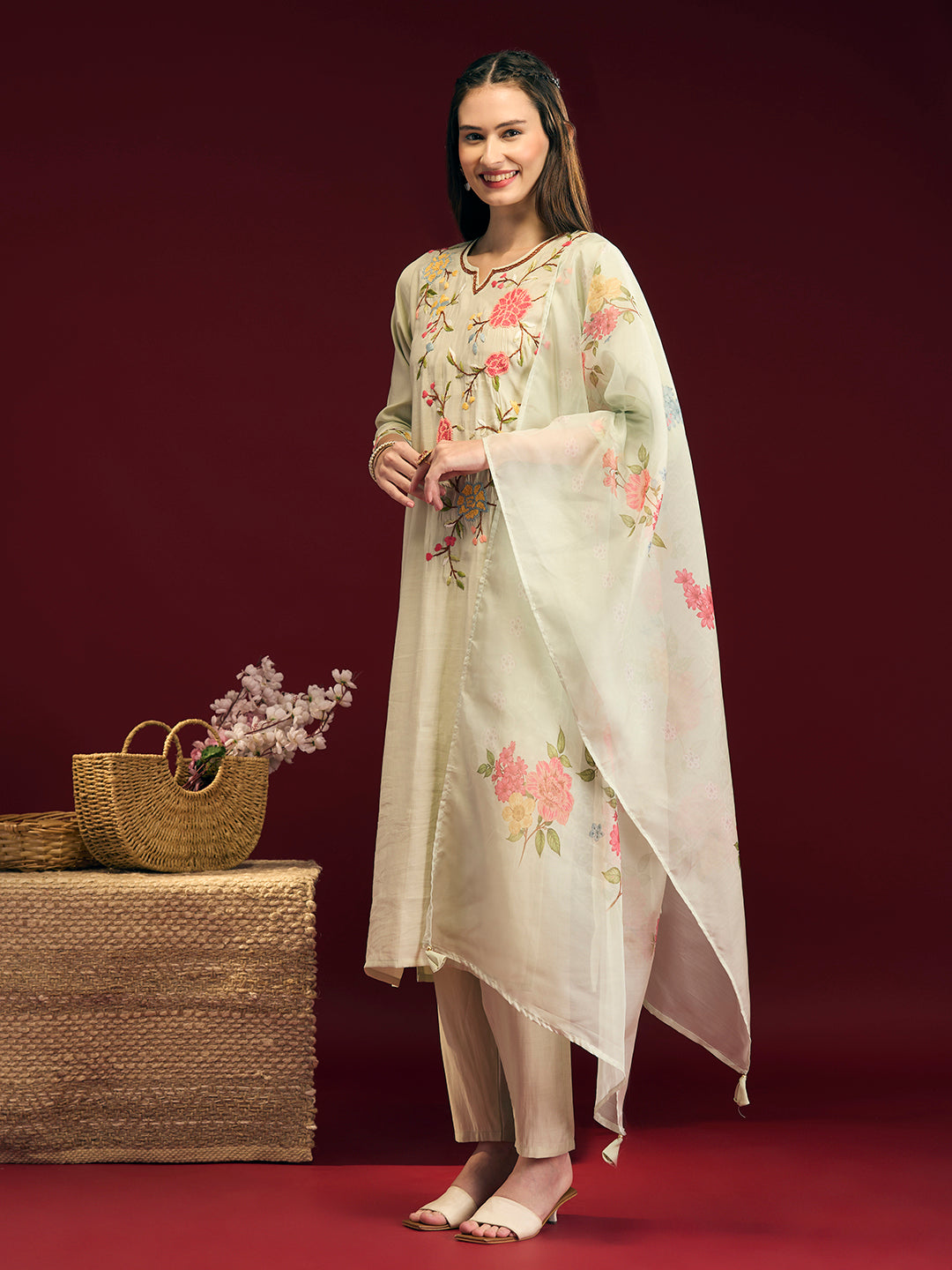 Solid Floral Hand Embroidered Straight Fit Kurta with Pant & Dupatta - Light Green