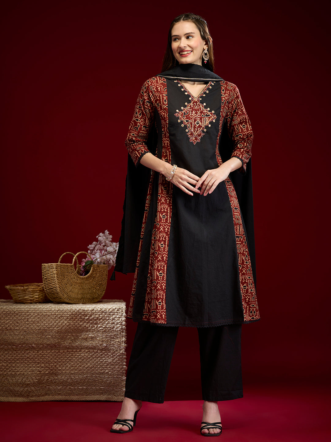 Ethnic Printed Embroidered Anarkali with Pant & Dupatta - Black