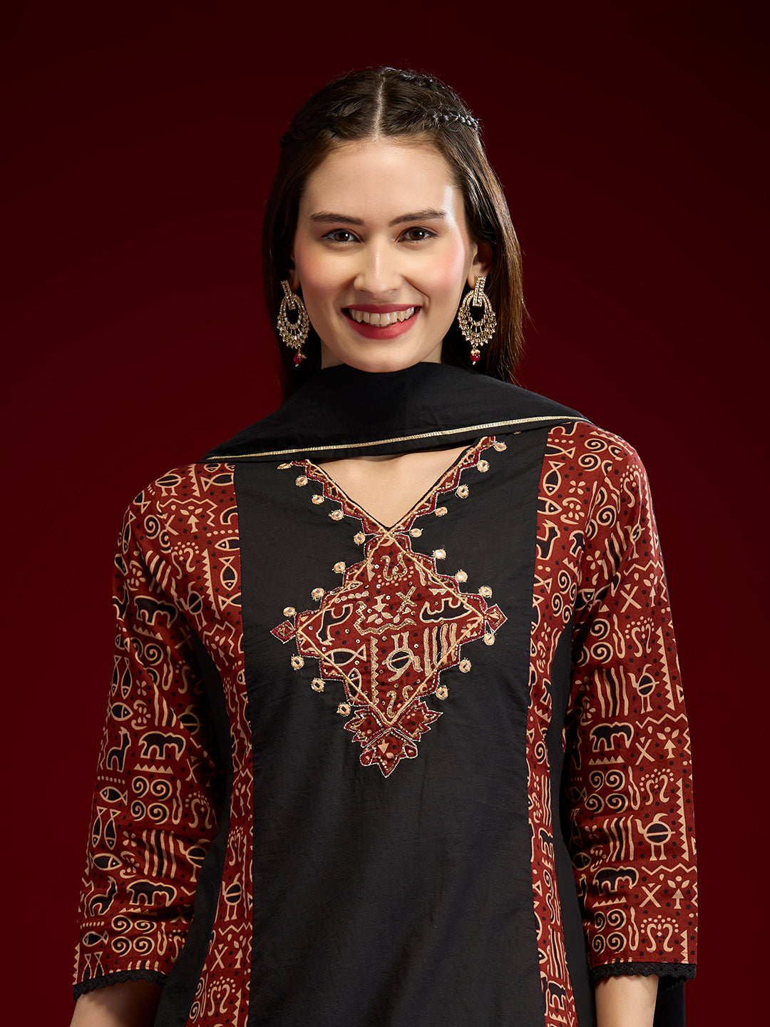 Ethnic Printed Embroidered Anarkali with Pant & Dupatta - Black