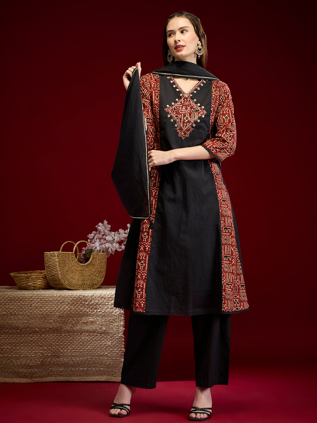 Ethnic Printed Embroidered Anarkali with Pant & Dupatta - Black