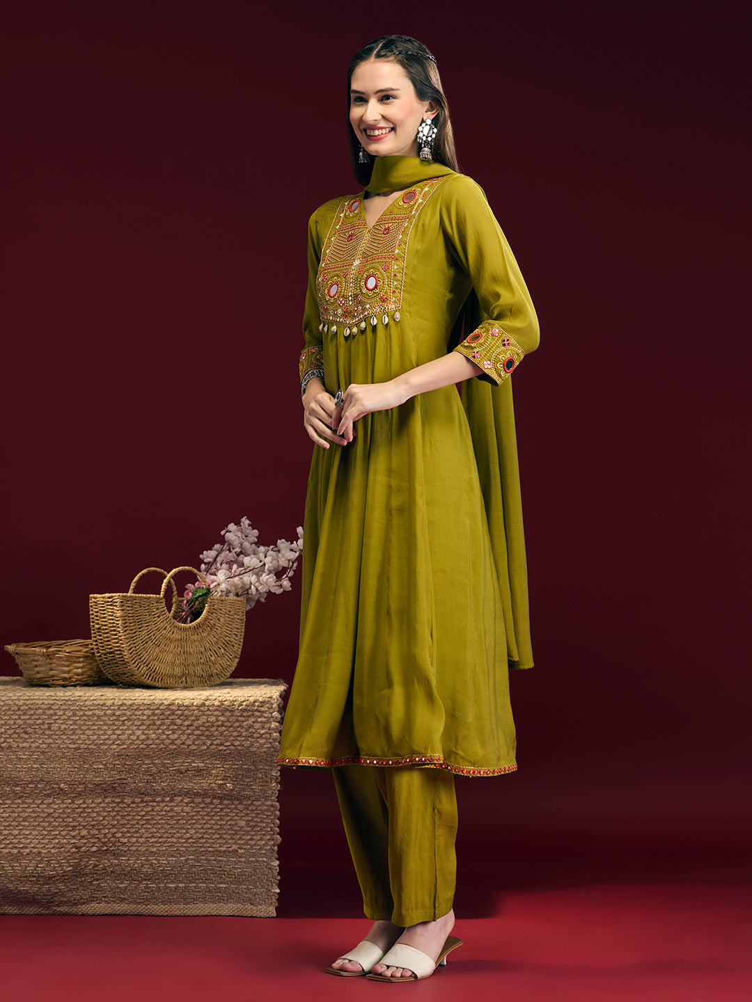 Solid Mirror Embroidered Anarkali with Pant & Dupatta - Lime Green