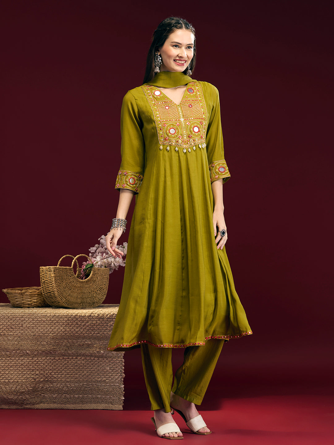 Solid Mirror Embroidered Anarkali with Pant & Dupatta - Lime Green