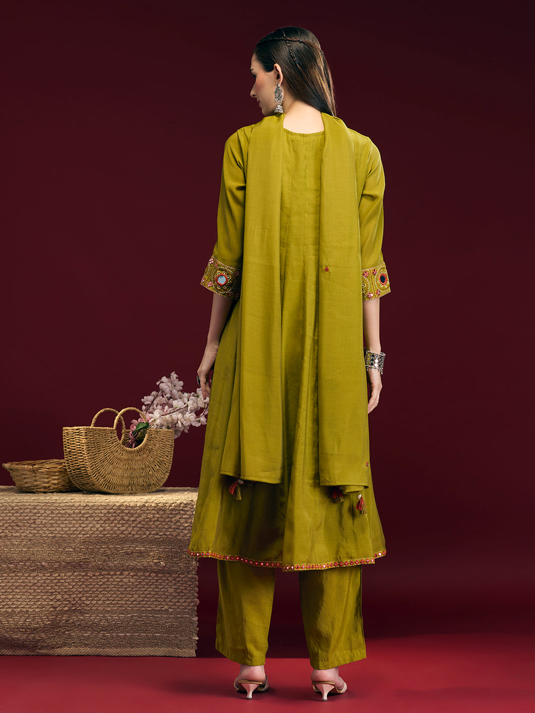 Solid Mirror Embroidered Anarkali with Pant & Dupatta - Lime Green