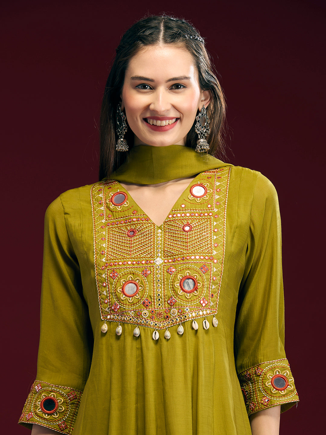Solid Mirror Embroidered Anarkali with Pant & Dupatta - Lime Green