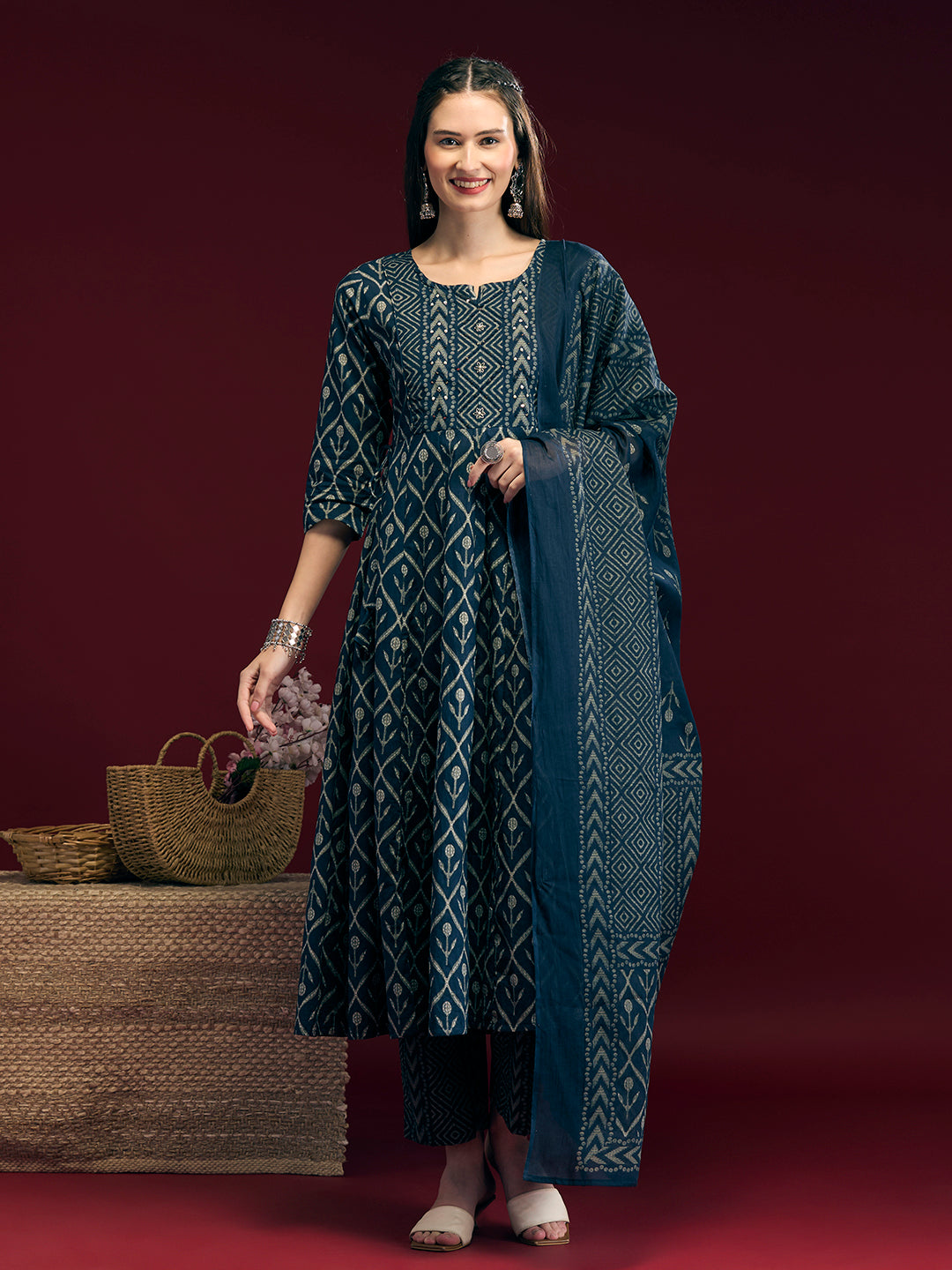 Ethnic Floral Printed Embroidered Anarkali Kurta with Pant & Dupatta - Navy Blue