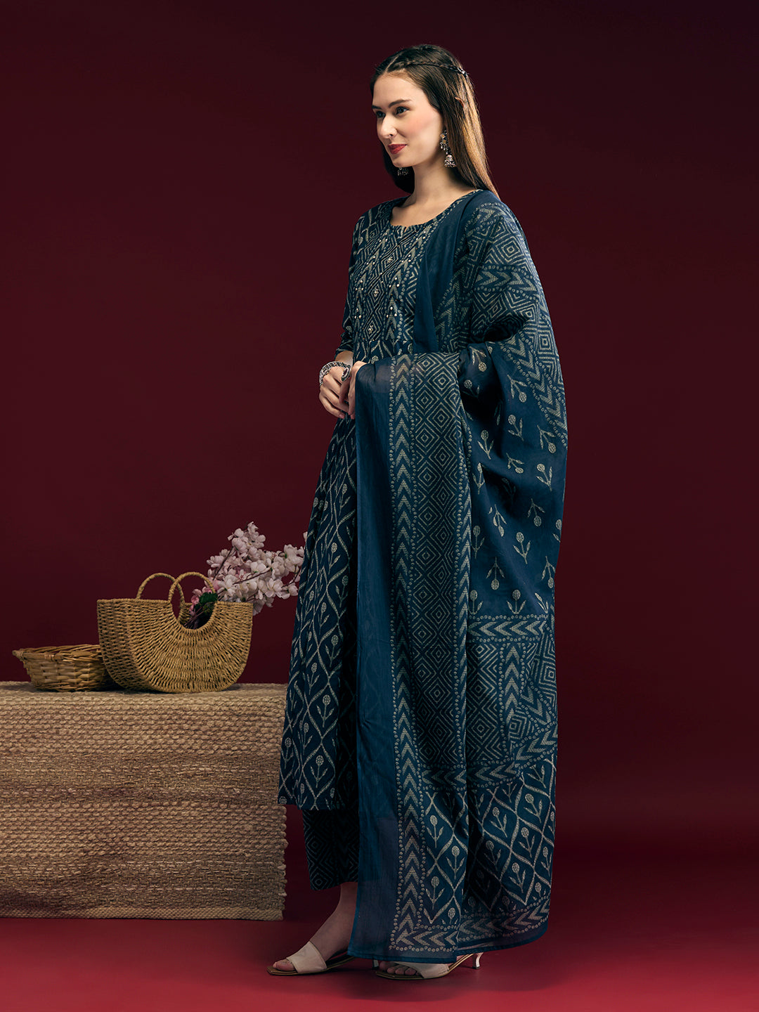 Ethnic Floral Printed Embroidered Anarkali Kurta with Pant & Dupatta - Navy Blue