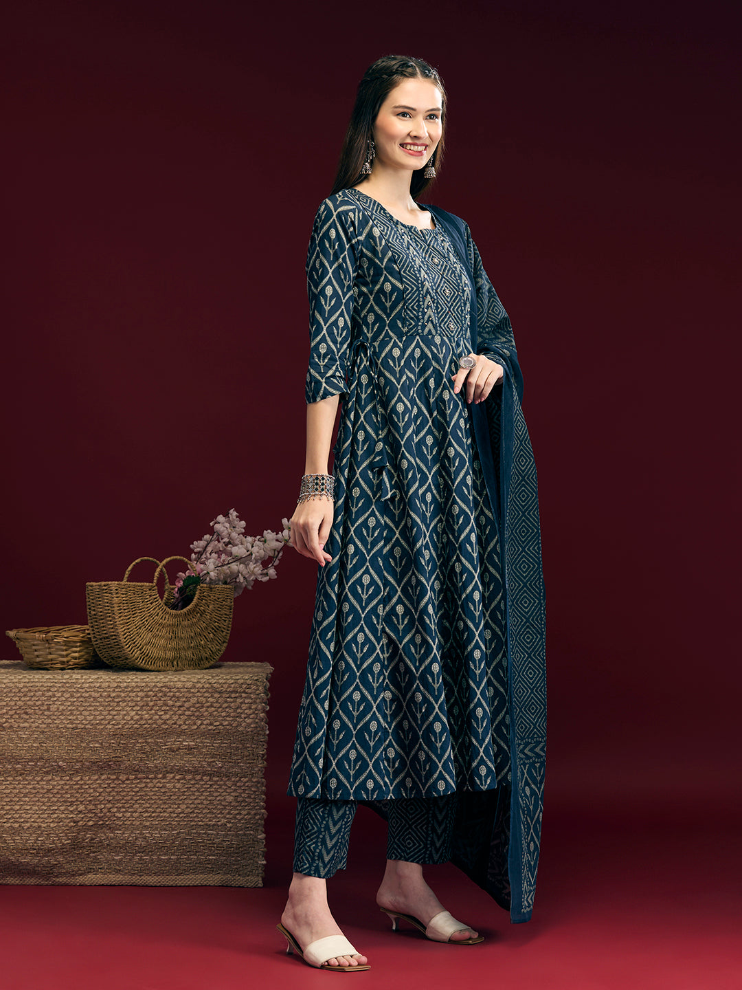 Ethnic Floral Printed Embroidered Anarkali Kurta with Pant & Dupatta - Navy Blue