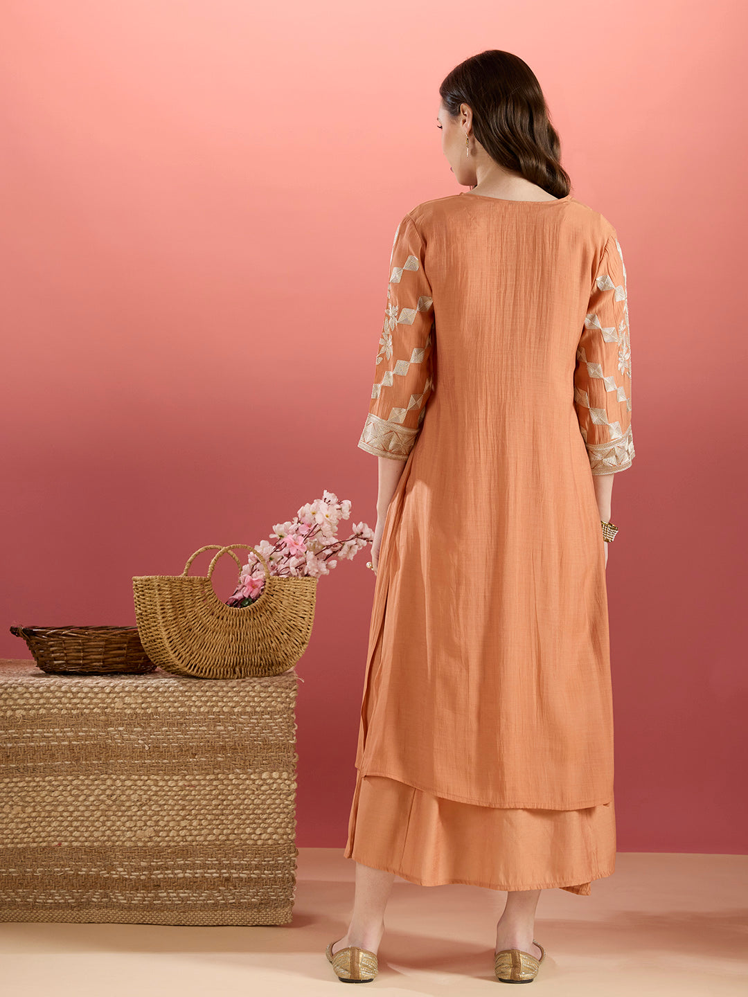 Solid A-Line Paneled Dress with Layered Embroidered Kurta - Peach