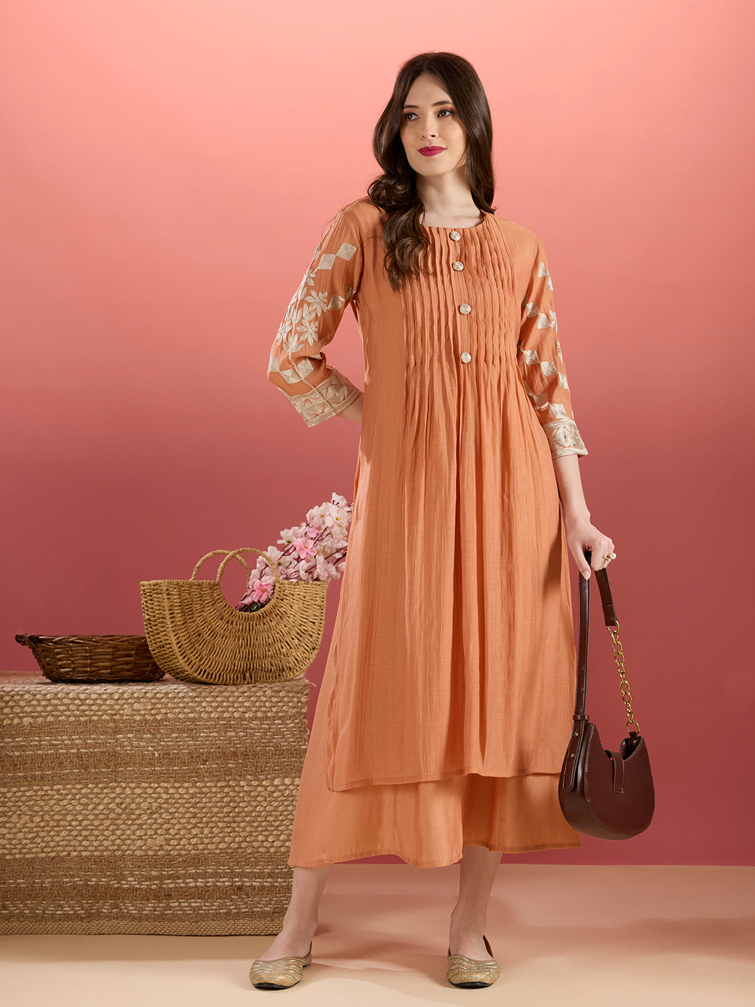 Solid A-Line Paneled Dress with Layered Embroidered Kurta - Peach
