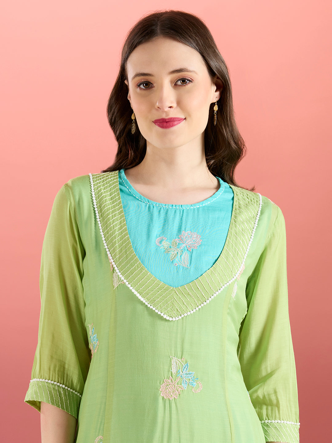 Solid Floral Embroidered A-Line Midi Dress with Kurta - Green