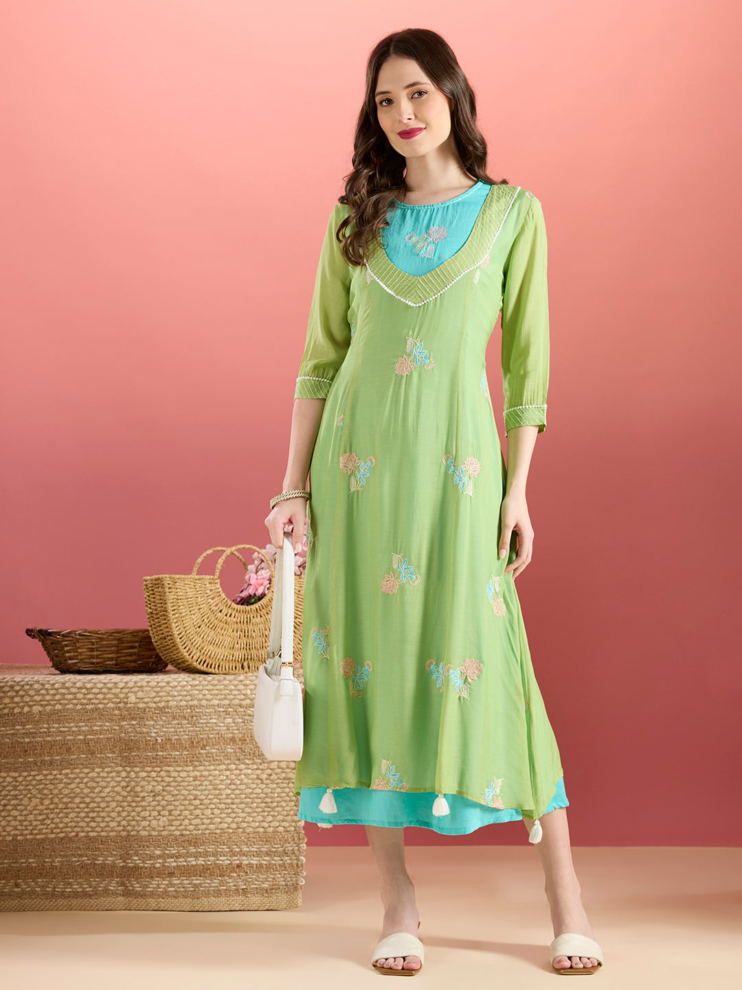 Solid Floral Embroidered A-Line Midi Dress with Kurta - Green