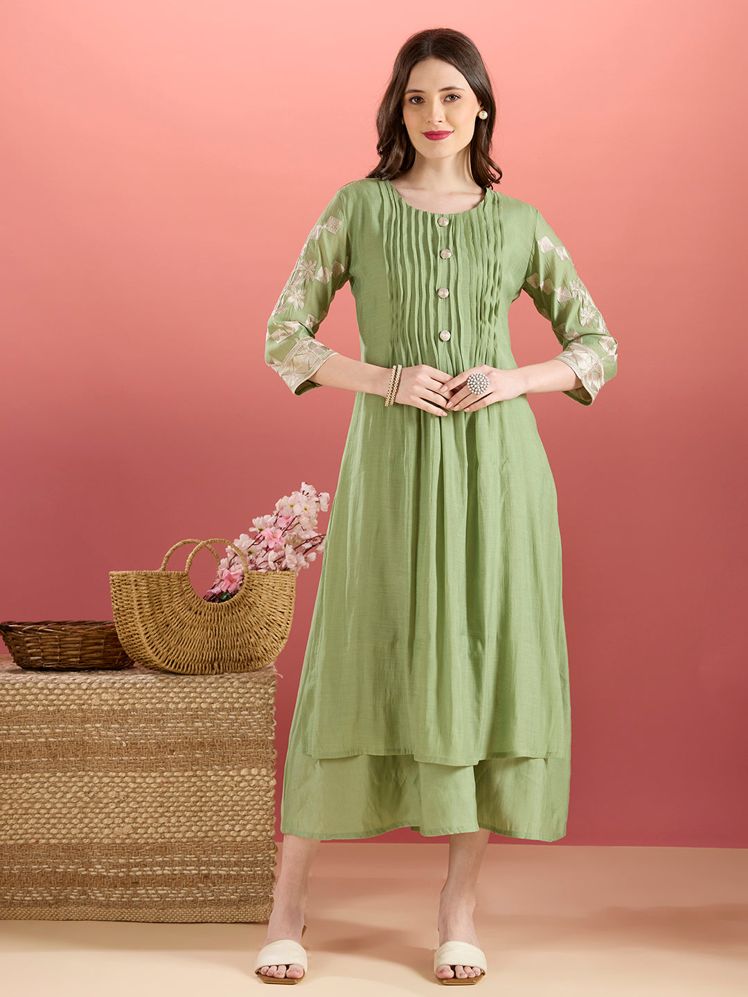Solid A-Line Paneled Dress with Layered Embroidered Kurta - Green