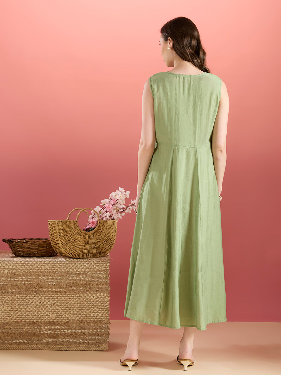Solid A-Line Paneled Dress with Layered Embroidered Kurta - Green