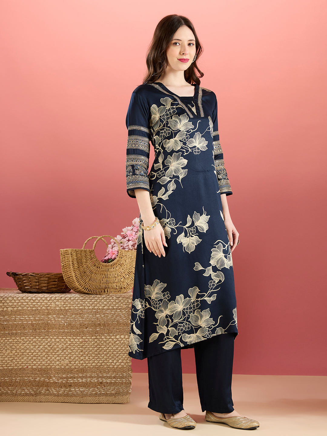 Abstract Floral Printed Embroidered A-Line Kurta with Palazzo - Navy Blue