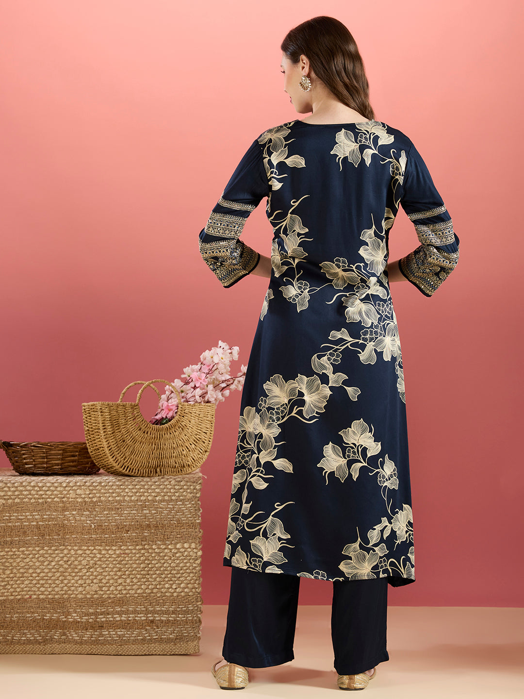 Abstract Floral Printed Embroidered A-Line Kurta with Palazzo - Navy Blue