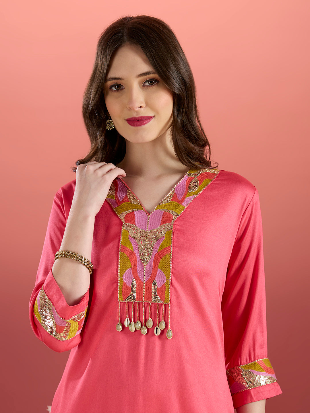 Solid Sequin Embroidered Straight Fit Co-ord Set - Pink
