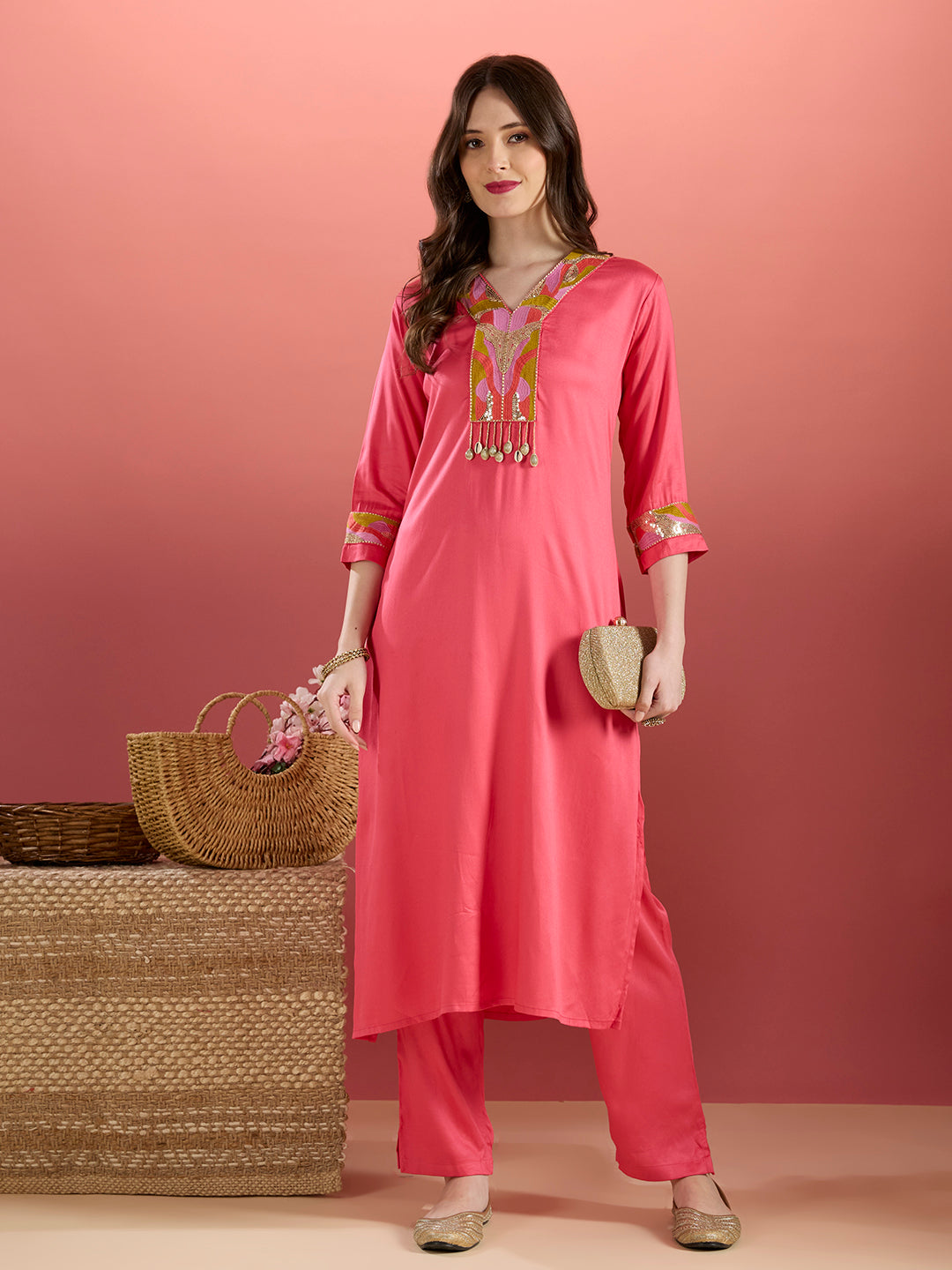 Solid Sequin Embroidered Straight Fit Co-ord Set - Pink