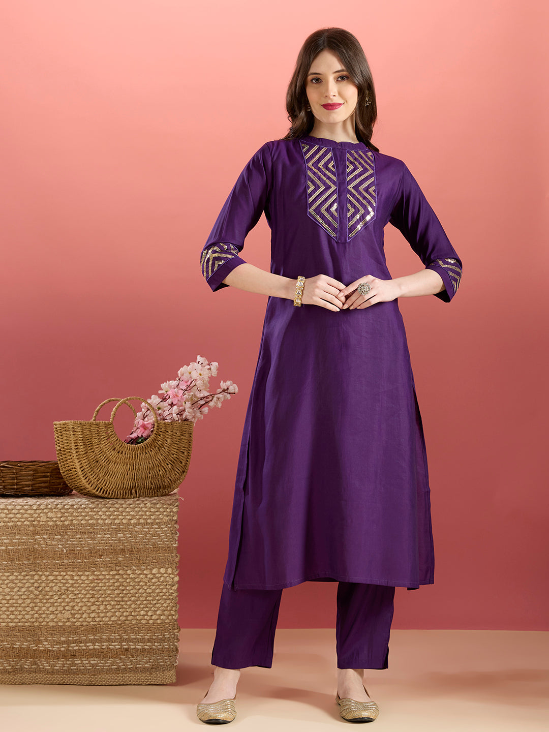 Solid Sequin Embroidered A-Line Co-ord Set - Purple