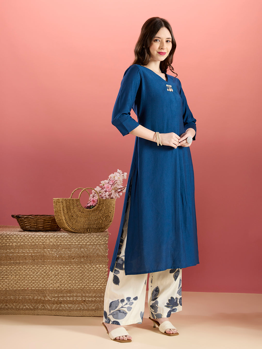 Solid A-Line Kurta with Floral Printed Palazzo - Navy Blue