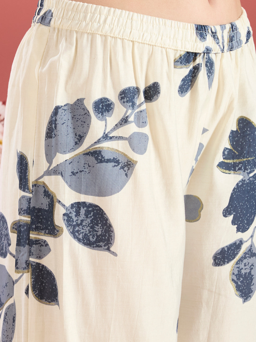 Solid A-Line Kurta with Floral Printed Palazzo - Navy Blue