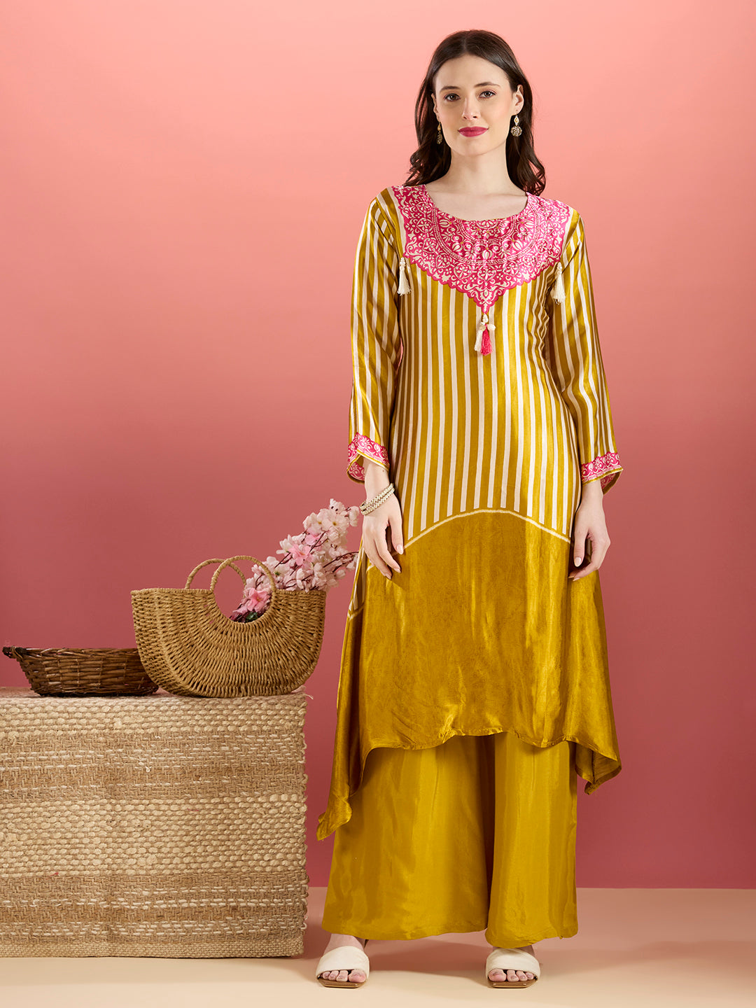 Ethnic Stripes Printed Embroidered A-Line Kurta with Flared Palazzo - Mustard