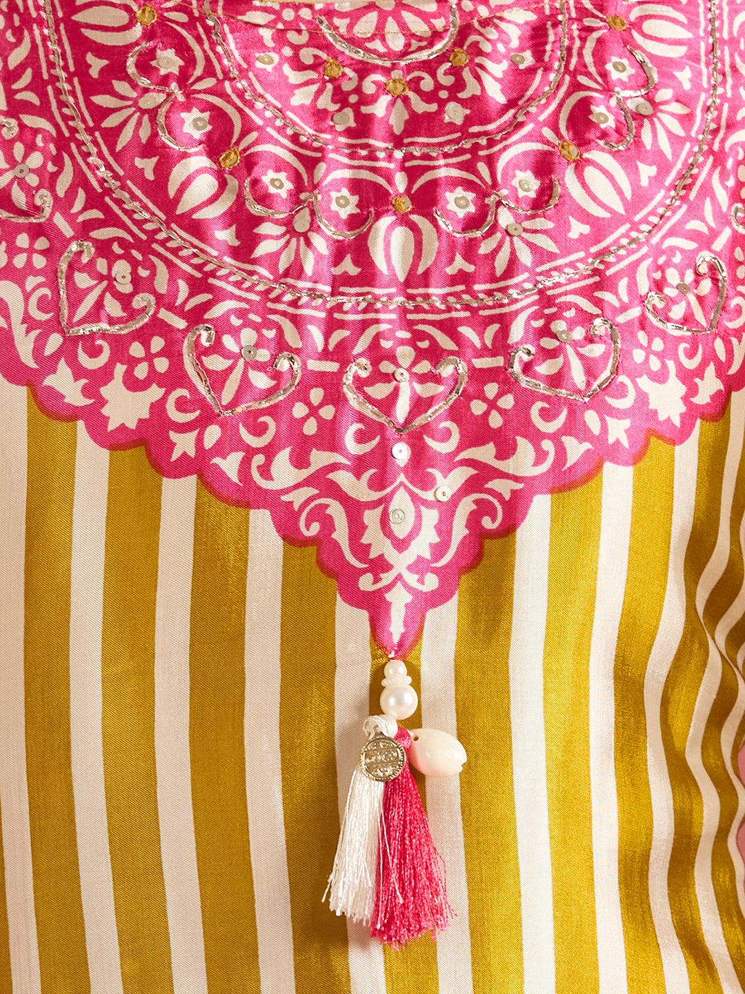 Ethnic Stripes Printed Embroidered A-Line Kurta with Flared Palazzo - Mustard