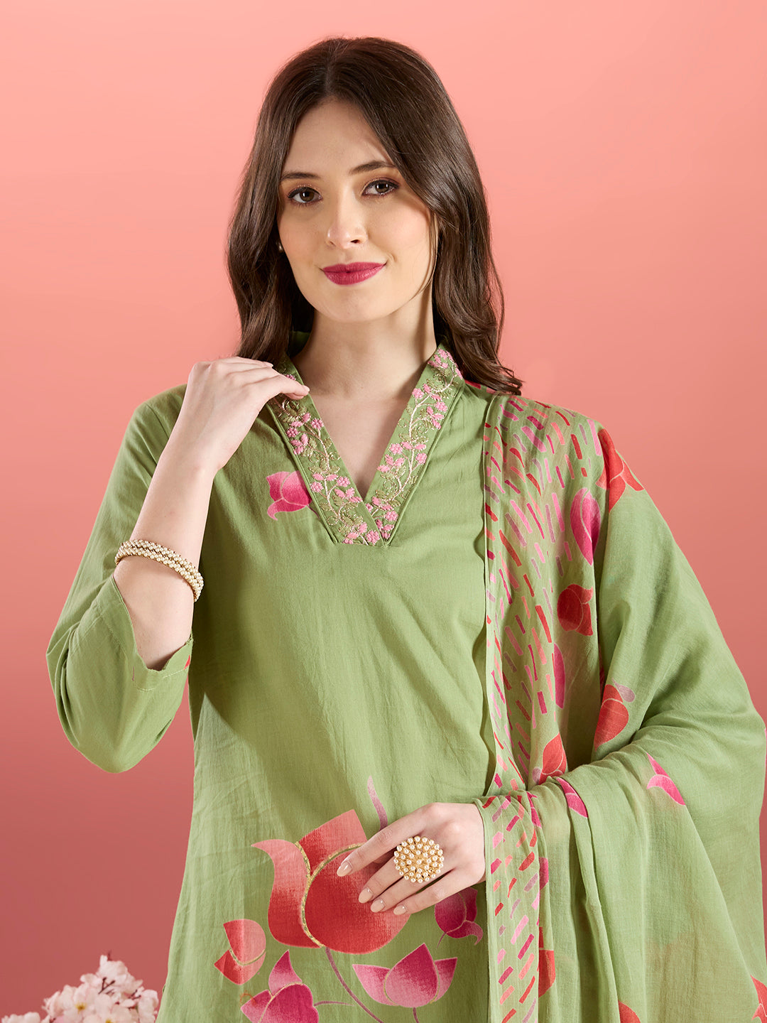 Ethnic Lotus Printed & Embroidered Straight Kurta with Pant & Dupatta - Green