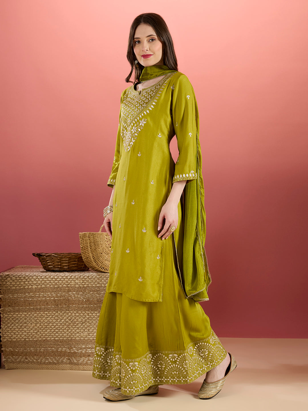 Solid Ethnic Embroidered Kurta with Flared Palazzo & Dupatta - Lime Green