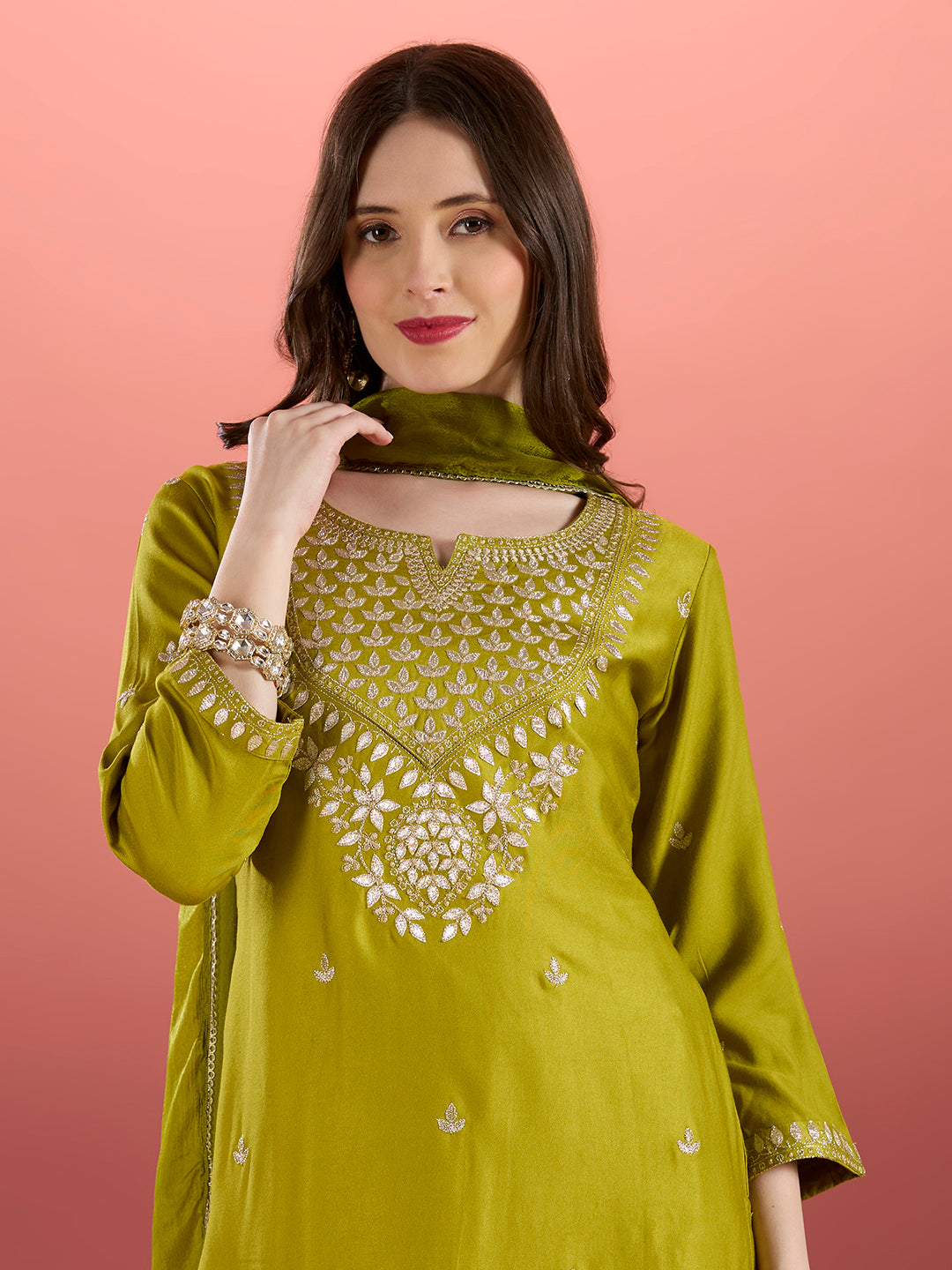 Solid Ethnic Embroidered Kurta with Flared Palazzo & Dupatta - Lime Green