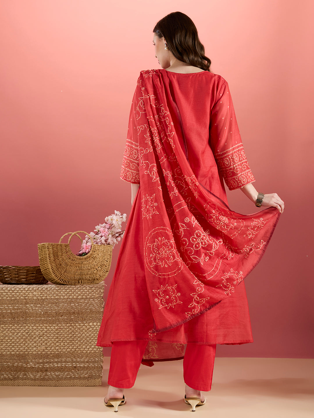 Bird Hand Embroidered A-Line Kurta with Pant & Dupatta - Red